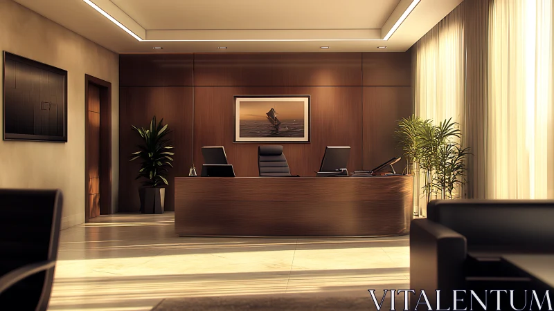 Modern executive office with wood paneling and warm daylight