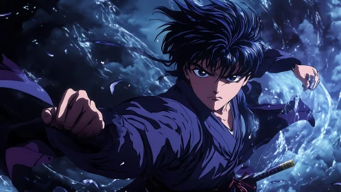 Dynamic anime swordsman executes frontal punch with storm effects