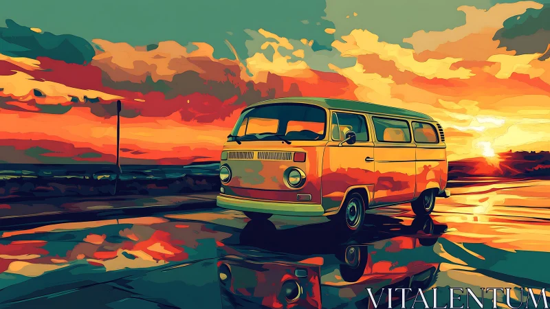 Retro microbus rendered in bold vectorized sunset color blocking
