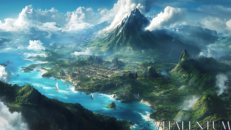 Tropical Paradise: Lush Island with Towering Peaks and Azure Seas