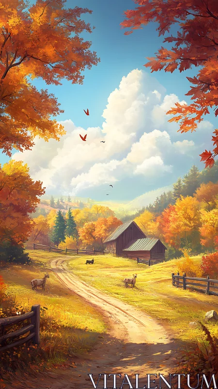 Sunny autumn farm road with barn, goats and trees.