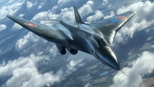 Swept-wing bomber soars above bright clouds in dynamic flight