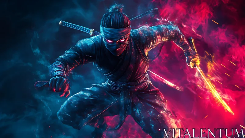 Hooded ninja with glowing sword amid blue and red smoke.