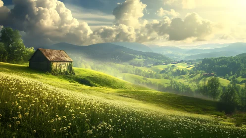 Sunlit alpine valley meadow with rustic cabin under clouds.