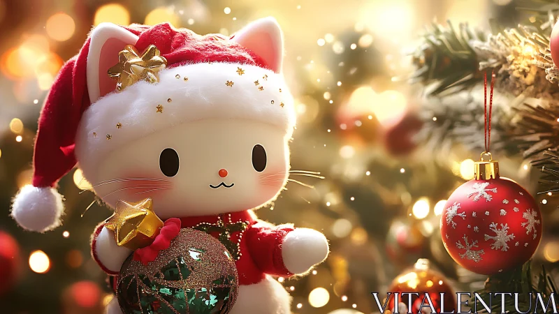 Festive kitty mascot shares cozy Christmas tree sparkle