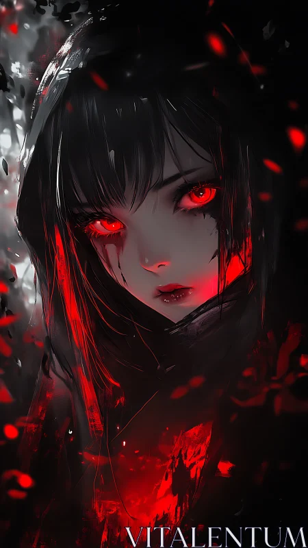 Red-eyed hooded girl in dark abstract digital portrait.