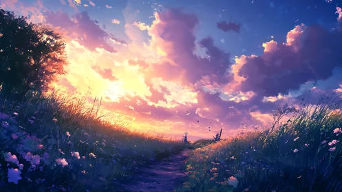 Sunset sky over rural path with wildflowers in bloom.