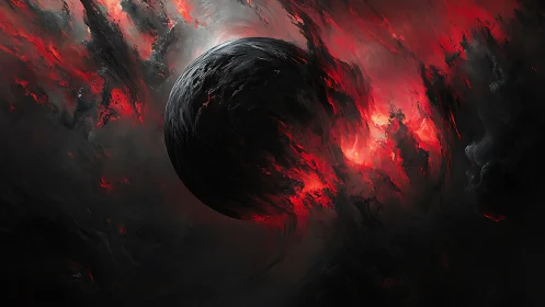 Dark planet drifting through infernal crimson nebula.