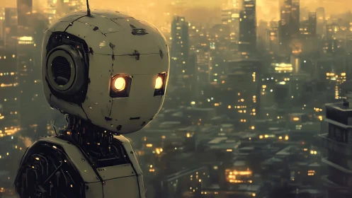 Robot stands before dense futuristic city at dusk