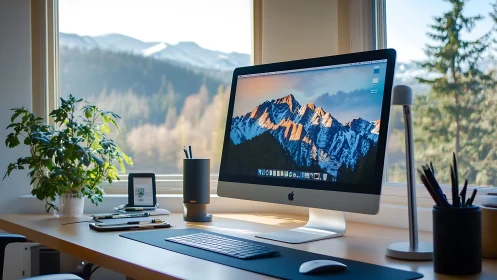 Minimalist workspace overlooks sunlit alpine mountain view.