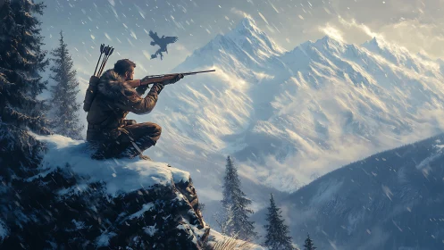 Archer Perched on Mountain Overlook Aiming at Flying Dragon