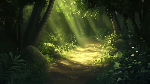 Enchanted Forest Path: Luminous Woodland Journey.