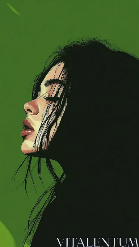 Profile portrait in deep shadows with emerald backdrop.