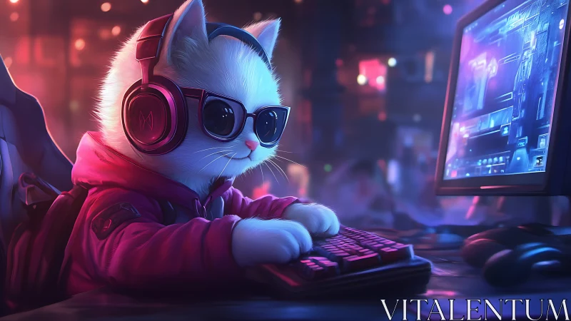 Coolheaded cyber kitty commands a neon esports battlestation
