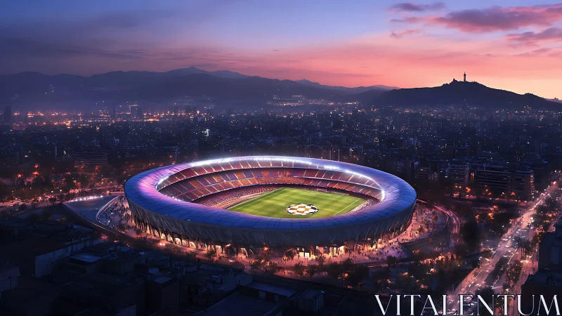 Floodlit elliptical football stadium at dusk in dense cityscape