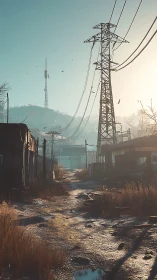 Abandoned rural road with power pylons at low sunlight period.