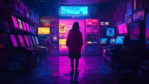 Neon-soaked arcade corridor frames a lone, silhouetted gamer.