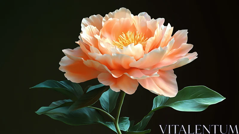Peach Peony Bloom with Golden Stamens Against Dark Background.