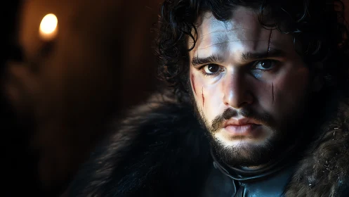 Battleworn winter knight under candlelit shadows gazes on.