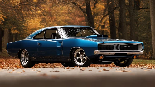 Blue classic muscle car on forest road in autumn setting.