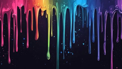 Neon rainbow drips cascade across a midnight cosmic canvas.