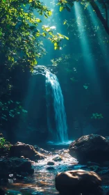 Sunlit forest waterfall cascades into rocky stream pool