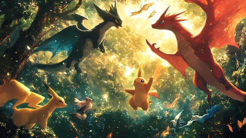 Joyful forest gathering with playful electric and dragon friends.