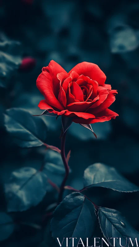 Vibrant Red Rose Against Deep Teal Background.
