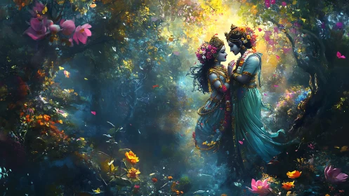 Divine Couple in Luminescent Floral Garden: Radiant Digital Rendering with Ethereal Atmospheric Ligh