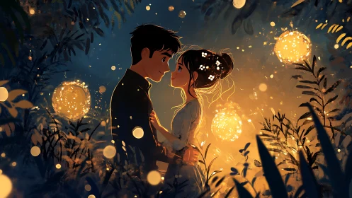 Luminescent Romance: Two Figures Among Glowing Orbs.