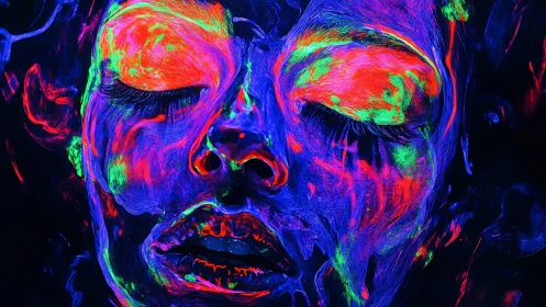 Neon drenched portrait with closed eyes under blacklight glow.