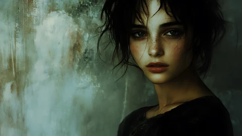 Moody portrait of young woman against textured wall backdrop.