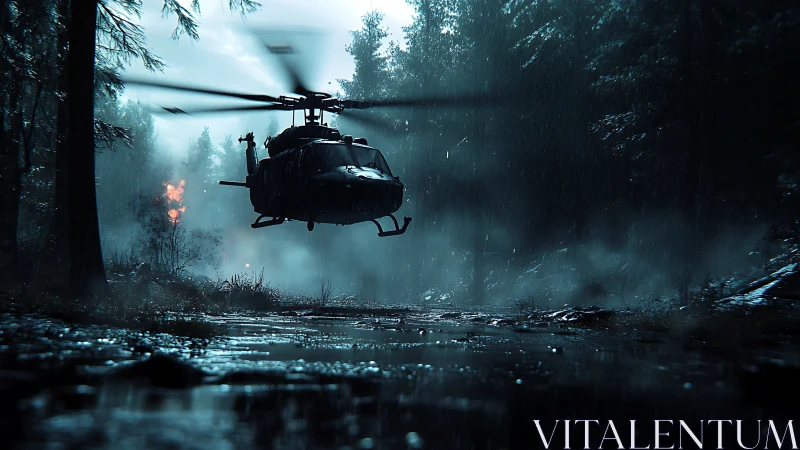 Military helicopter skims a rainy forest clearing at night.