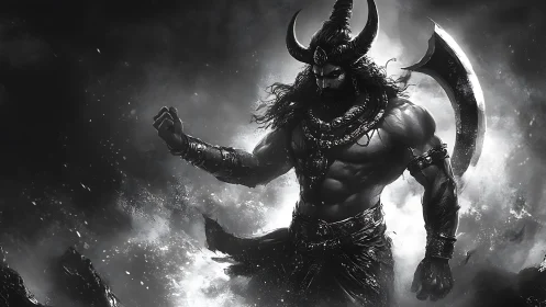 Horned armored warrior stands in monochrome storm environment