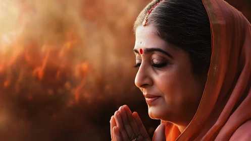 Elderly Indian Woman Praying in Warm Serene Portrait Style.