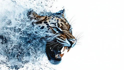 Snarling leopard head dissolves into dynamic aqueous motion