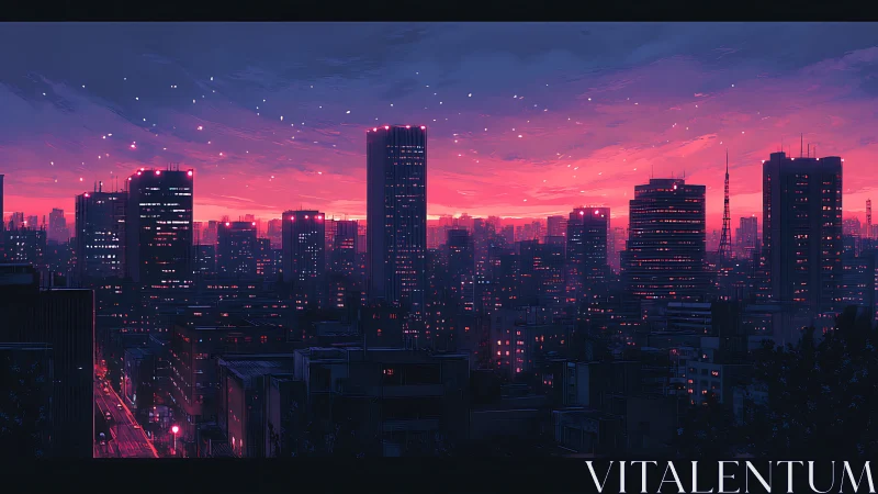 Neon city skyline under vivid magenta twilight sky glow.