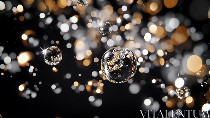 3D glass spheres with golden bokeh on black background.