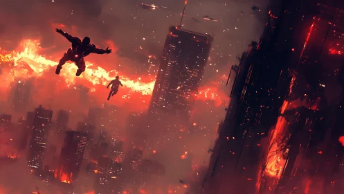 Crimson skyfall over a burning neon city in freeflight.