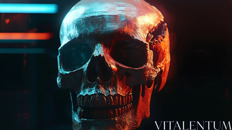 Human skull rendered in red and blue directional lighting.