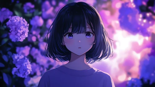 Soft-eyed girl beneath luminous violet hydrangeas at dusk.