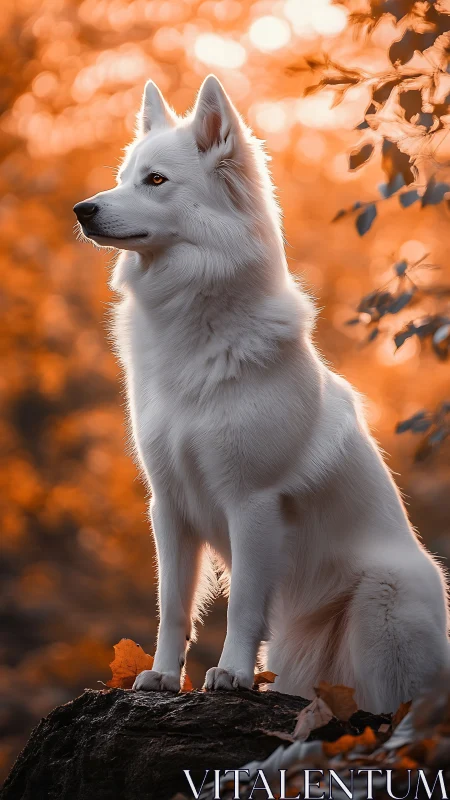 White dog on forest rock with orange autumn foliage background.