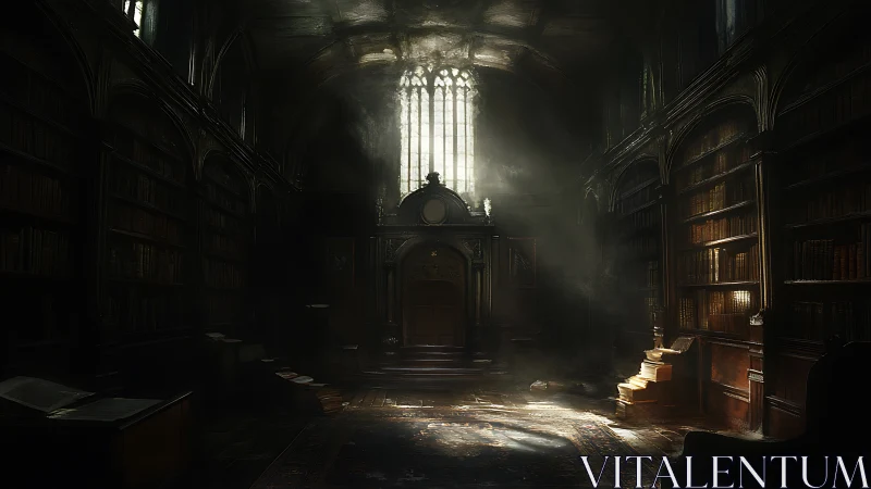 Dimly lit vaulted library interior with tall central window.