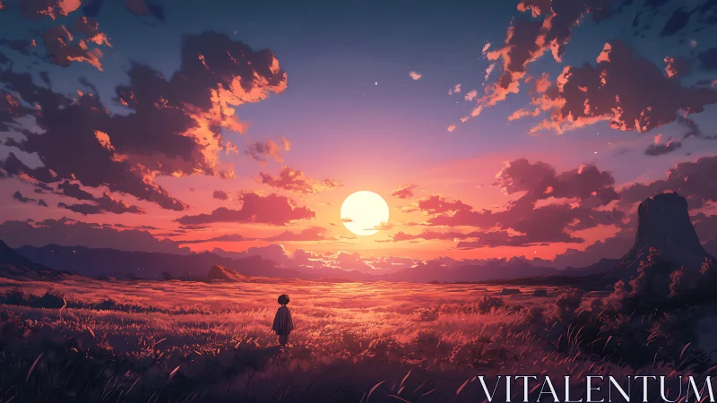 Sunset field wanderer under cotton candy skies.