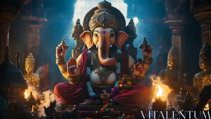 Ganesha idol in ornate temple shrine with warm firelight.