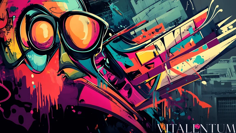 Urban abstract graffiti with stylized face and geometric forms.