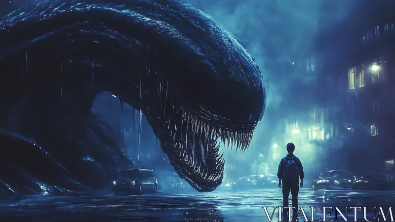 Colossal bioluminescent monster confronting lone city figure.