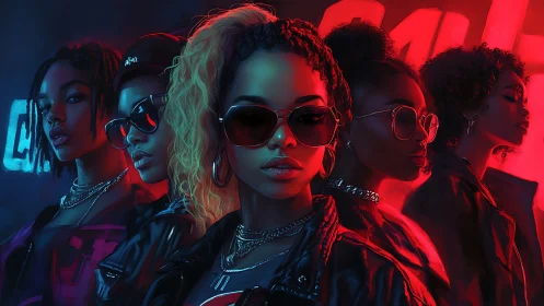 Neon-lit urban girl squad in cinematic red blue contrast.