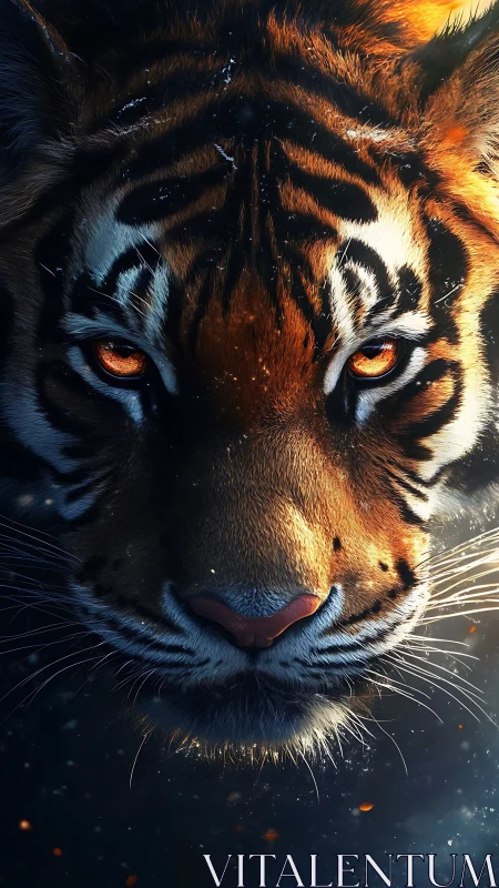 Close frontal view of a tiger face with glowing eyes.