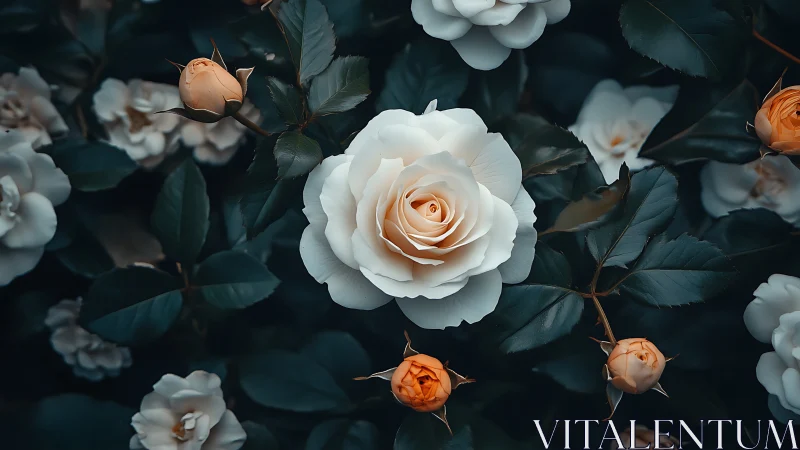 Peach Rose Garden: Luminous Blooms in Midnight Foliage.